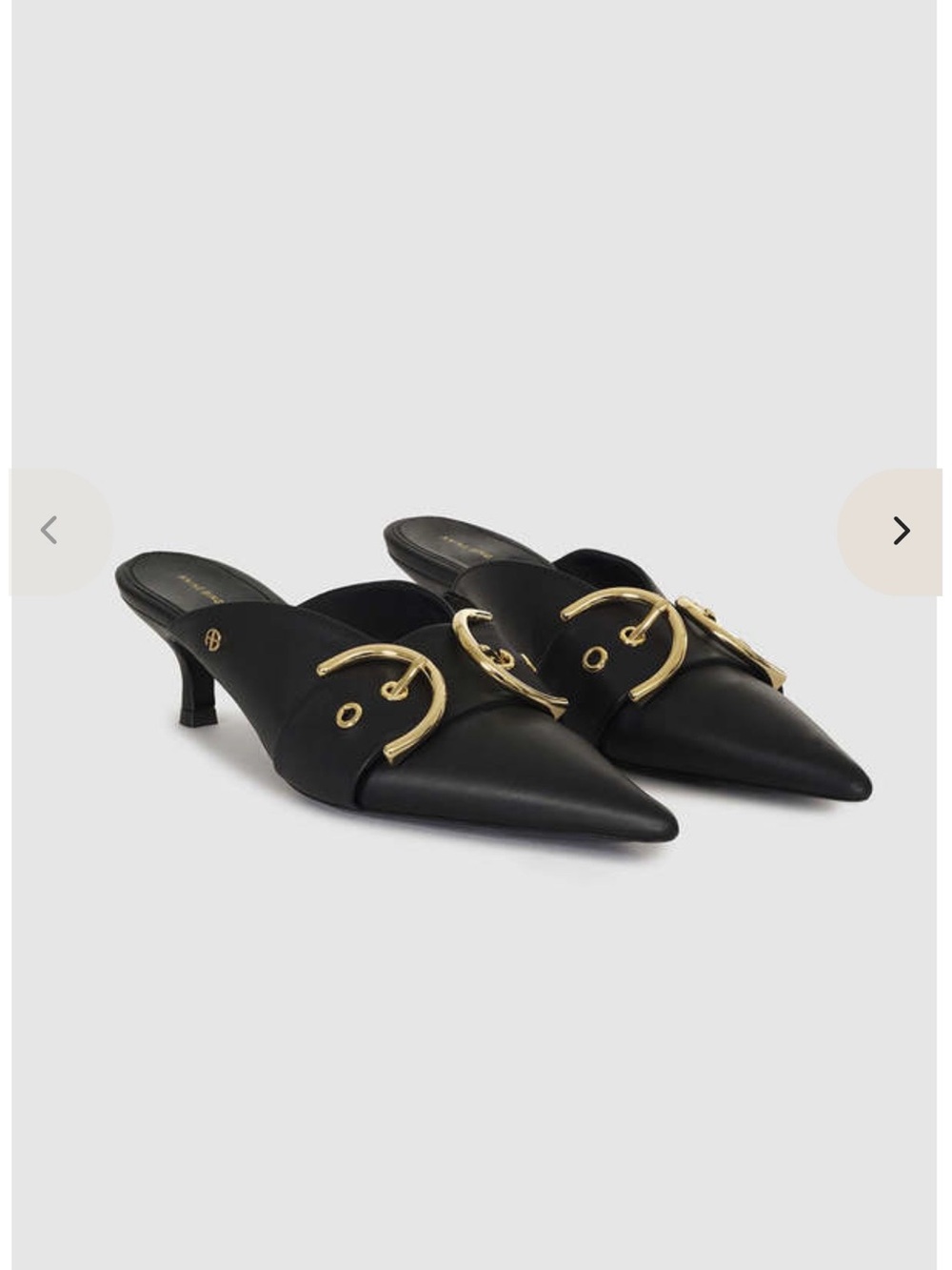 Anine Bing Zoe  Black Pointed Mule Heels with Gold Buckle